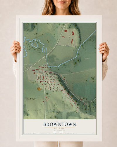 Map of Browntown, Wisconsin, 24 x 36 inch print in a white wood frame