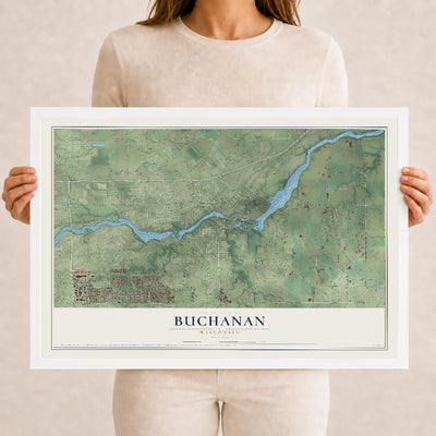 Map of Buchanan, Wisconsin, 12 x 18 inch print in a white wood frame