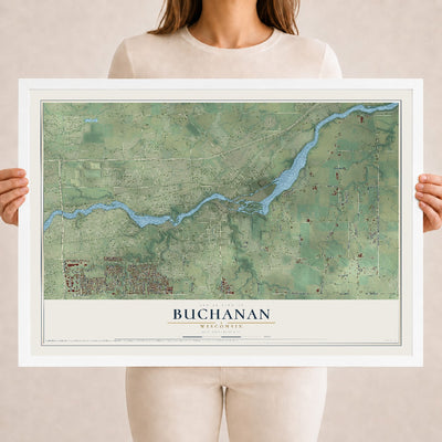 Map of Buchanan, Wisconsin, 18 x 24 inch print in a white wood frame