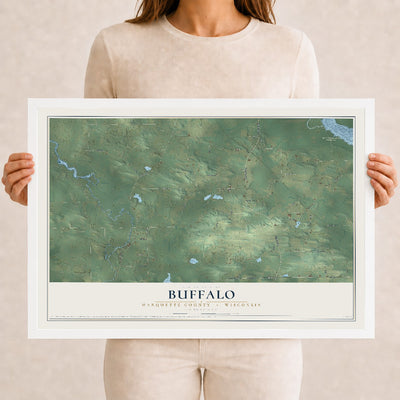 Map of Buffalo, Marquette County, Wisconsin, 12 x 18 inch print in a white wood frame