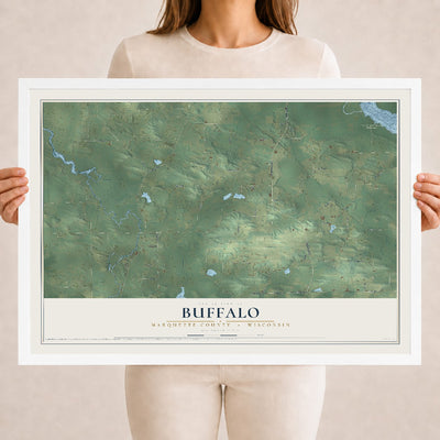 Map of Buffalo, Marquette County, Wisconsin, 18 x 24 inch print in a white wood frame