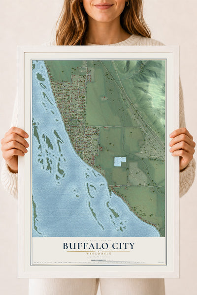 Map of Buffalo City, Wisconsin, 18 x 24 inch print in a white wood frame