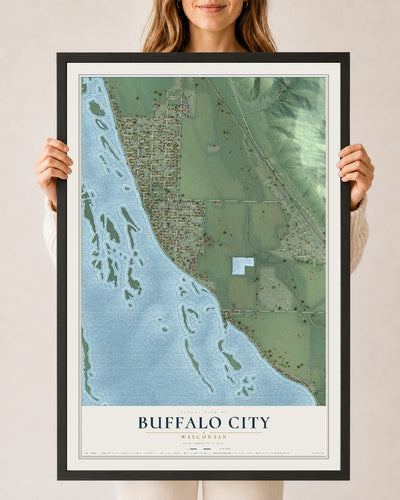 Map of Buffalo City, Wisconsin, 24 x 36 inch print in a black wood frame