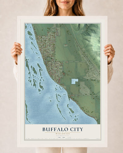 Map of Buffalo City, Wisconsin, 24 x 36 inch print in a white wood frame