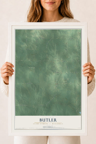 Map of Butler, Clark County, Wisconsin, 18 x 24 inch print in a white wood frame