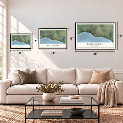 Butte des Morts, Wisconsin map in 12 x 18, 18 x 24 and 24 x 36 inch sizes above a sofa