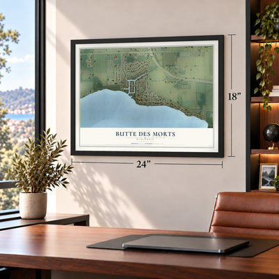 Butte des Morts, Wisconsin map, 18 x 24 inch print in a black frame in a home office