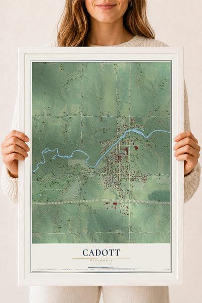Map of Cadott, Wisconsin, 18 x 24 inch print in a white wood frame