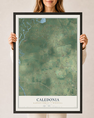 Map of Caledonia, Waupaca County, Wisconsin, 24 x 36 inch print in a black wood frame