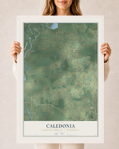 Map of Caledonia, Waupaca County, Wisconsin, 24 x 36 inch print in a white wood frame