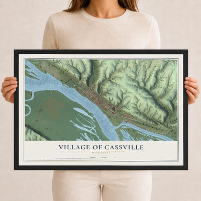 Map of Cassville, Wisconsin, 12 x 18 inch print in a black wood frame