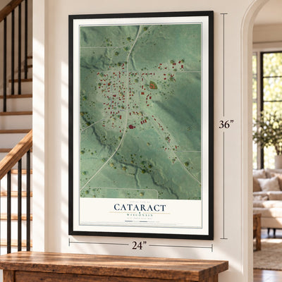 Cataract, Wisconsin map, 24 x 36 inch print in a black frame by a staircase