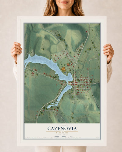 Map of Cazenovia, Wisconsin, 24 x 36 inch print in a white wood frame