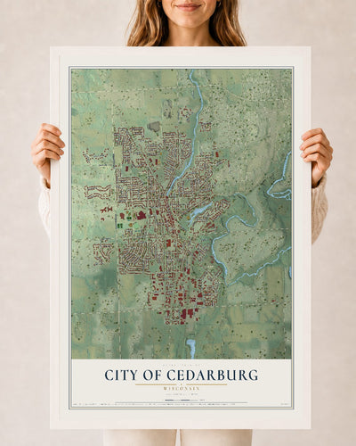Map of Cedarburg, Wisconsin, 24 x 36 inch print in a white wood frame
