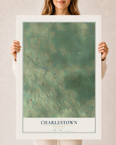 Map of Charlestown, Wisconsin, 24 x 36 inch print in a white wood frame