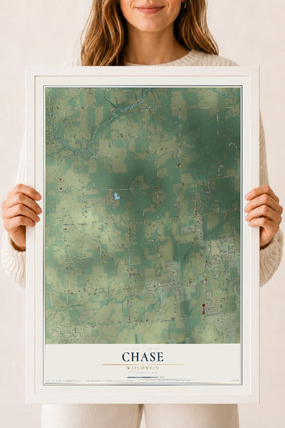 Map of Chase, Wisconsin, 18 x 24 inch print in a white wood frame