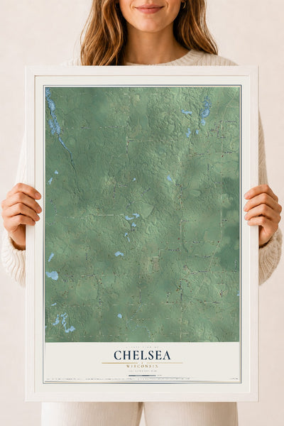 Map of Chelsea, Wisconsin, 18 x 24 inch print in a white wood frame