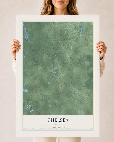 Map of Chelsea, Wisconsin, 24 x 36 inch print in a white wood frame