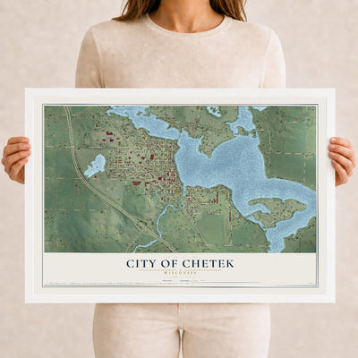 Map of Chetek, Wisconsin, 12 x 18 inch print in a white wood frame