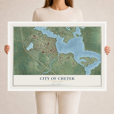 Map of Chetek, Wisconsin, 24 x 36 inch print in a white wood frame