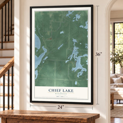 Chief Lake, Wisconsin map, 24 x 36 inch print in a black frame by a staircase