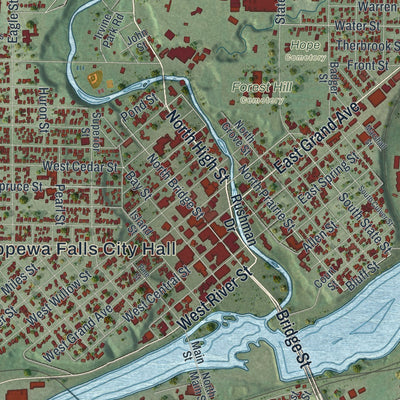 Close-up of the map of Chippewa Falls, Wisconsin print showing street and building detail