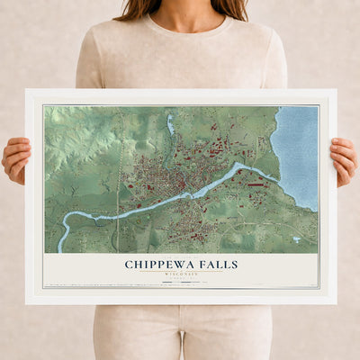Map of Chippewa Falls, Wisconsin, 12 x 18 inch print in a white wood frame