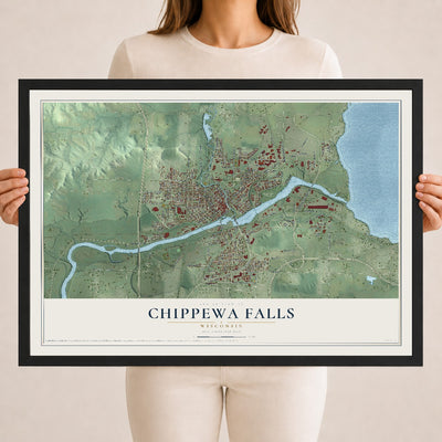 Map of Chippewa Falls, Wisconsin, 18 x 24 inch print in a black wood frame