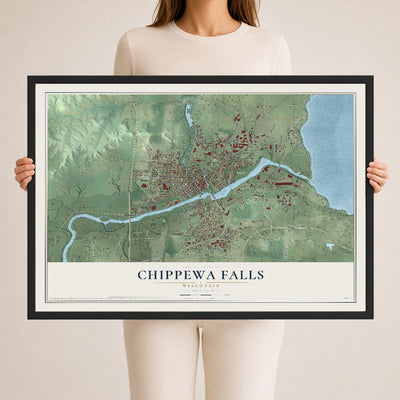 Map of Chippewa Falls, Wisconsin, 24 x 36 inch print in a black wood frame