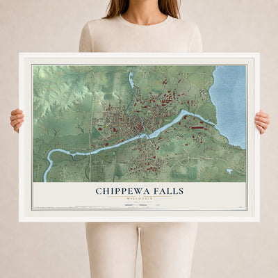 Map of Chippewa Falls, Wisconsin, 24 x 36 inch print in a white wood frame