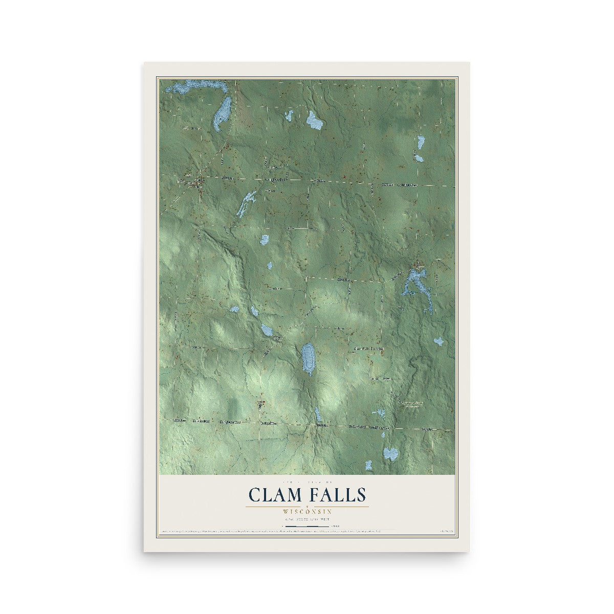 Map of Clam Falls, Wisconsin, 12 x 18 inch unframed archival matte print