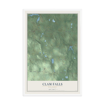 Map of Clam Falls, Wisconsin, 12 x 18 inch print in a white wood frame