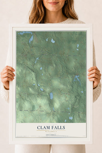 Map of Clam Falls, Wisconsin, 18 x 24 inch print in a white wood frame