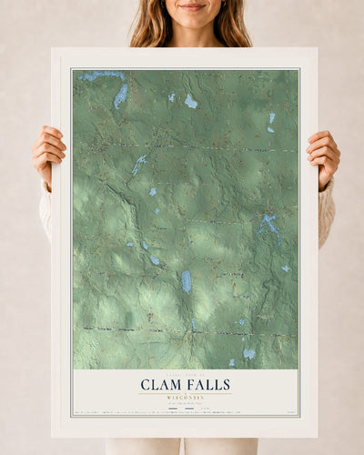Map of Clam Falls, Wisconsin, 24 x 36 inch print in a white wood frame