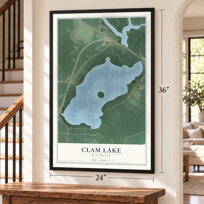 Clam Lake, Wisconsin map, 24 x 36 inch print in a black frame by a staircase
