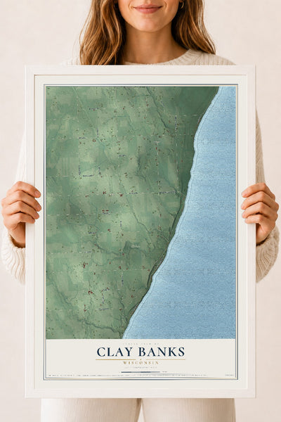 Map of Clay Banks, Wisconsin, 18 x 24 inch print in a white wood frame