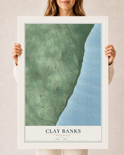 Map of Clay Banks, Wisconsin, 24 x 36 inch print in a white wood frame