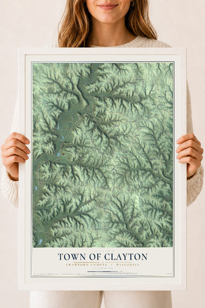 Map of the Town of Clayton, Crawford County, Wisconsin, 18 x 24 inch print in a white wood frame