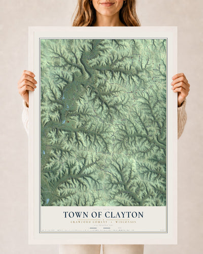 Map of the Town of Clayton, Crawford County, Wisconsin, 24 x 36 inch print in a white wood frame