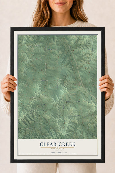 Map of Clear Creek, Wisconsin, 18 x 24 inch print in a black wood frame