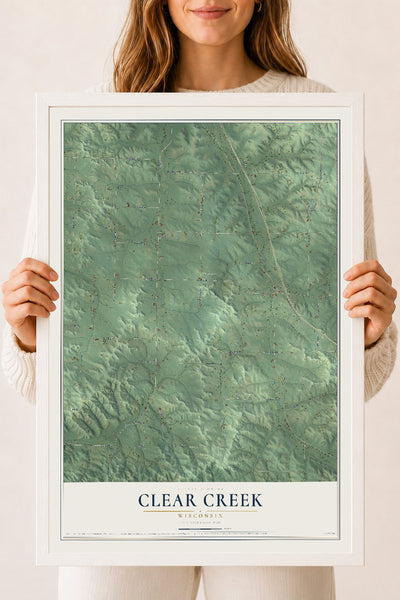 Map of Clear Creek, Wisconsin, 18 x 24 inch print in a white wood frame