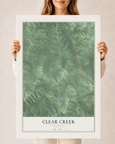 Map of Clear Creek, Wisconsin, 24 x 36 inch print in a white wood frame