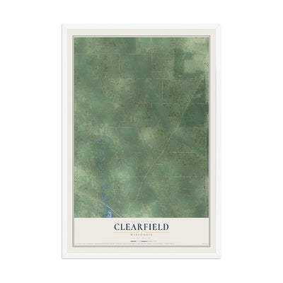 Map of Clearfield, Wisconsin, 12 x 18 inch print in a white wood frame