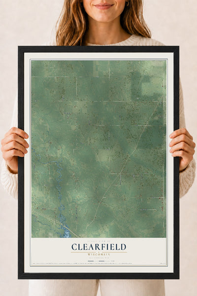 Map of Clearfield, Wisconsin, 18 x 24 inch print in a black wood frame