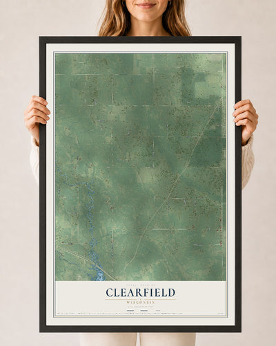 Map of Clearfield, Wisconsin, 24 x 36 inch print in a black wood frame