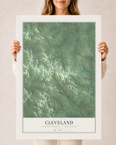 Map of Cleveland, Jackson County, Wisconsin, 24 x 36 inch print in a white wood frame