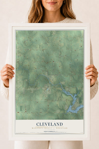 Map of Cleveland, Marathon County, Wisconsin, 18 x 24 inch print in a white wood frame
