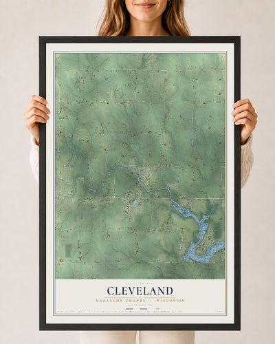 Map of Cleveland, Marathon County, Wisconsin, 24 x 36 inch print in a black wood frame