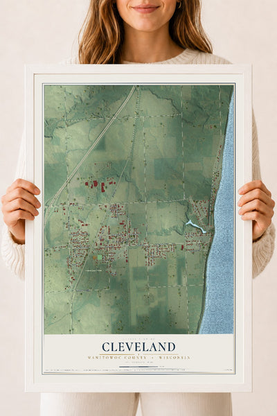 Map of Cleveland, Manitowoc County, Wisconsin, 18 x 24 inch print in a white wood frame