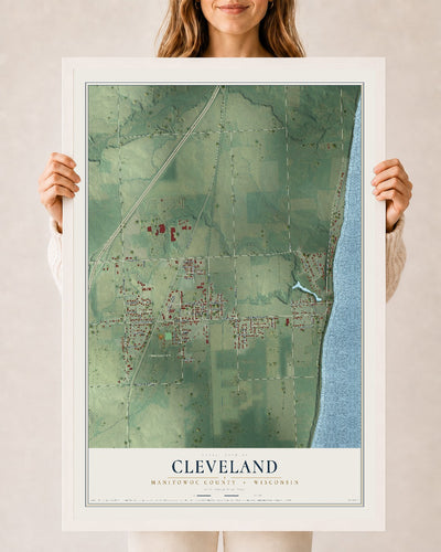 Map of Cleveland, Manitowoc County, Wisconsin, 24 x 36 inch print in a white wood frame